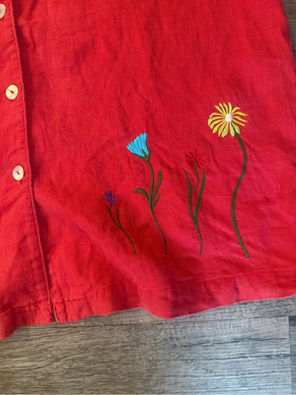 Vintage Match USA Red Linen Embroidered Floral Shirt & Shorts Set XL Cottagecore